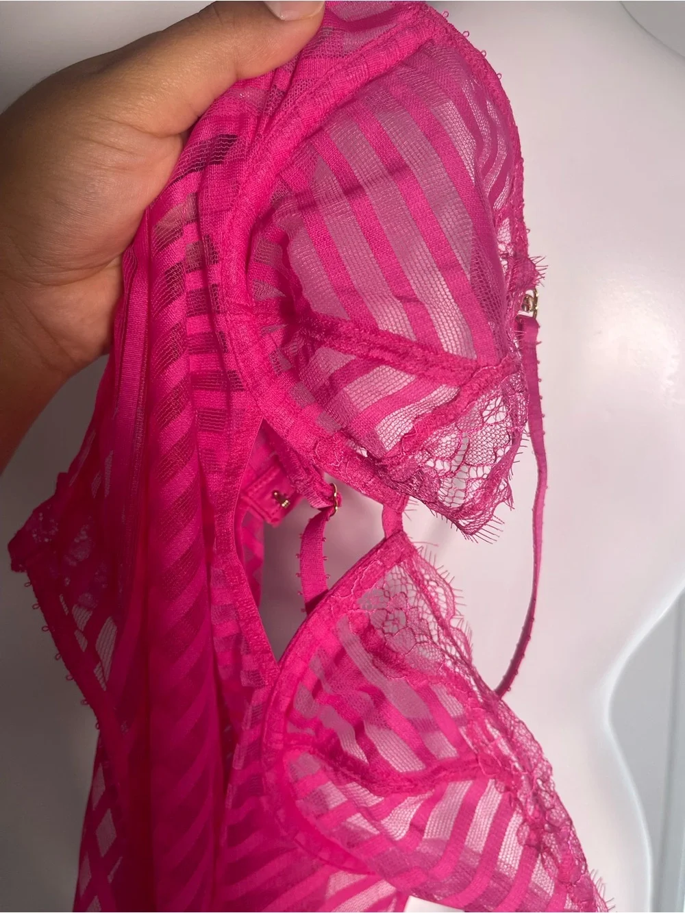 Victoria's Secret Women’s Fuchsia Striped Lace-Trim Bodysuit 100% Cotton Size SP